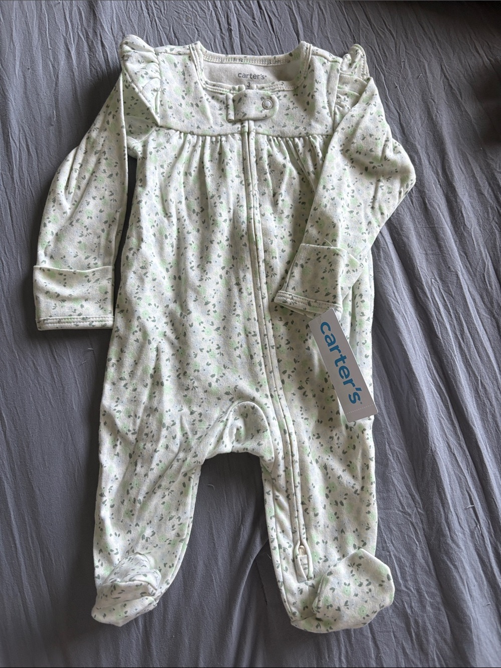 Carter's White & Light Green Floral Footed One-Piece